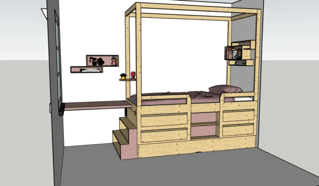 ontwerp tekening van hoogslaper met lades