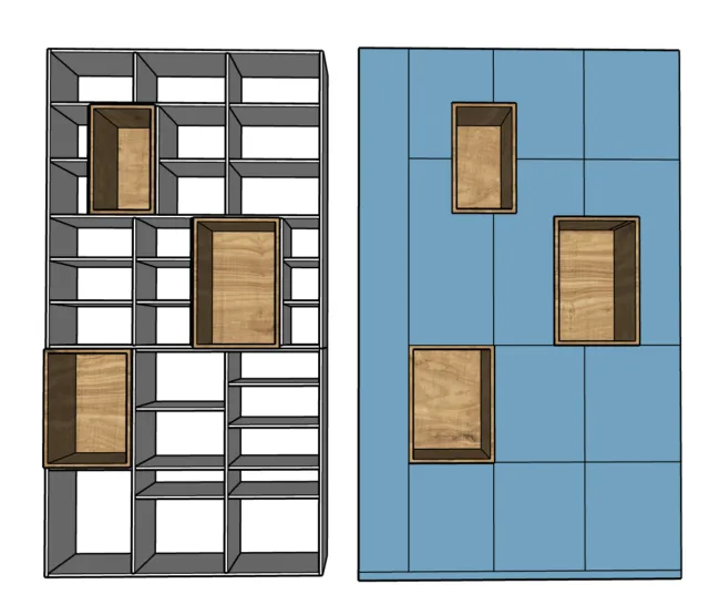 ontwerp binnen en buitenkant kast in woonkamer